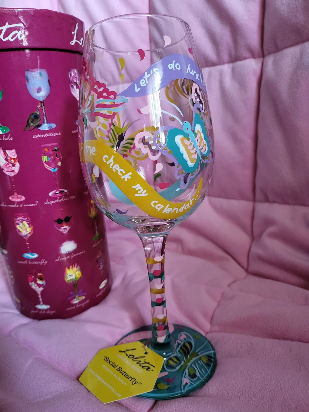 Lolita Social Butterfly Hand-Painted 15 Oz Wine Glass New with Box
